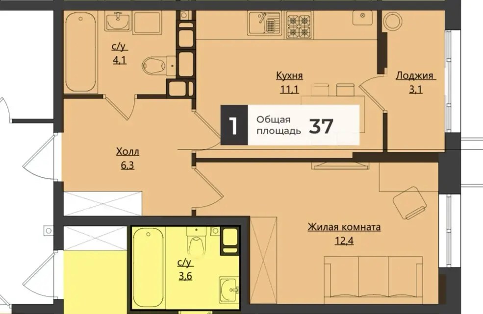 Планировка 1-комнатной 37 м²