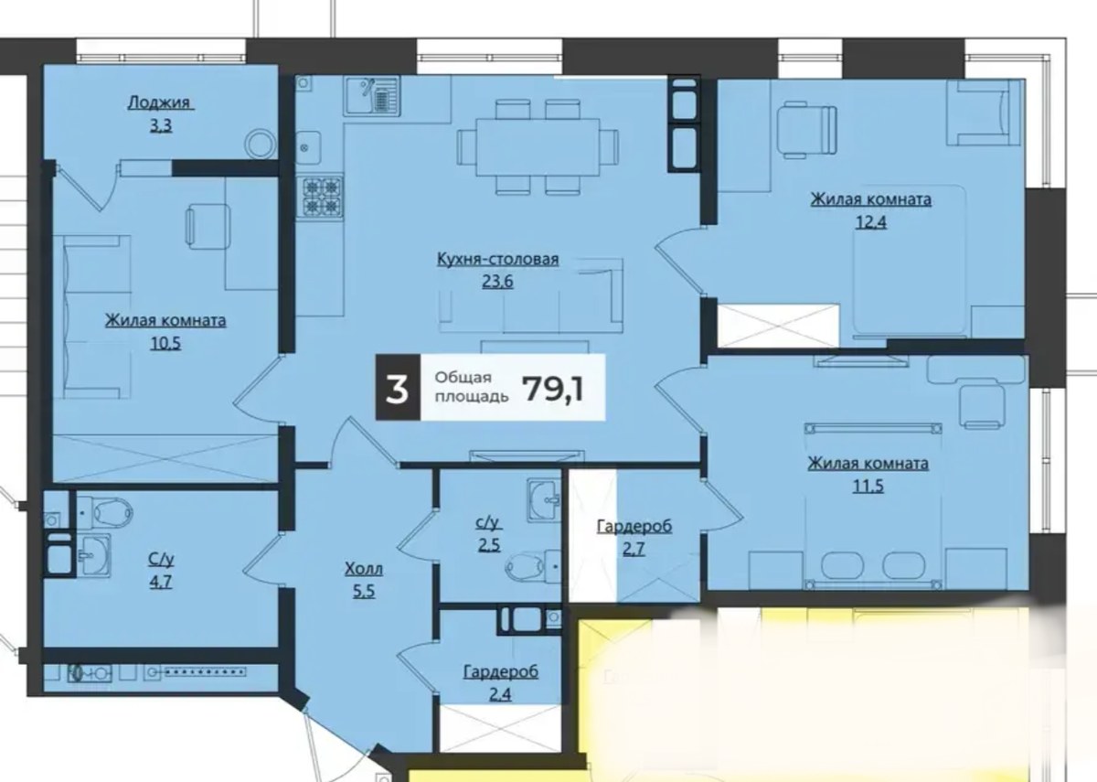 Планировка 3-комнатной 79,1 м²
